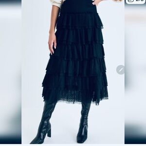 Lulu's Black Tiered Midi Skirt with Pleated Layers